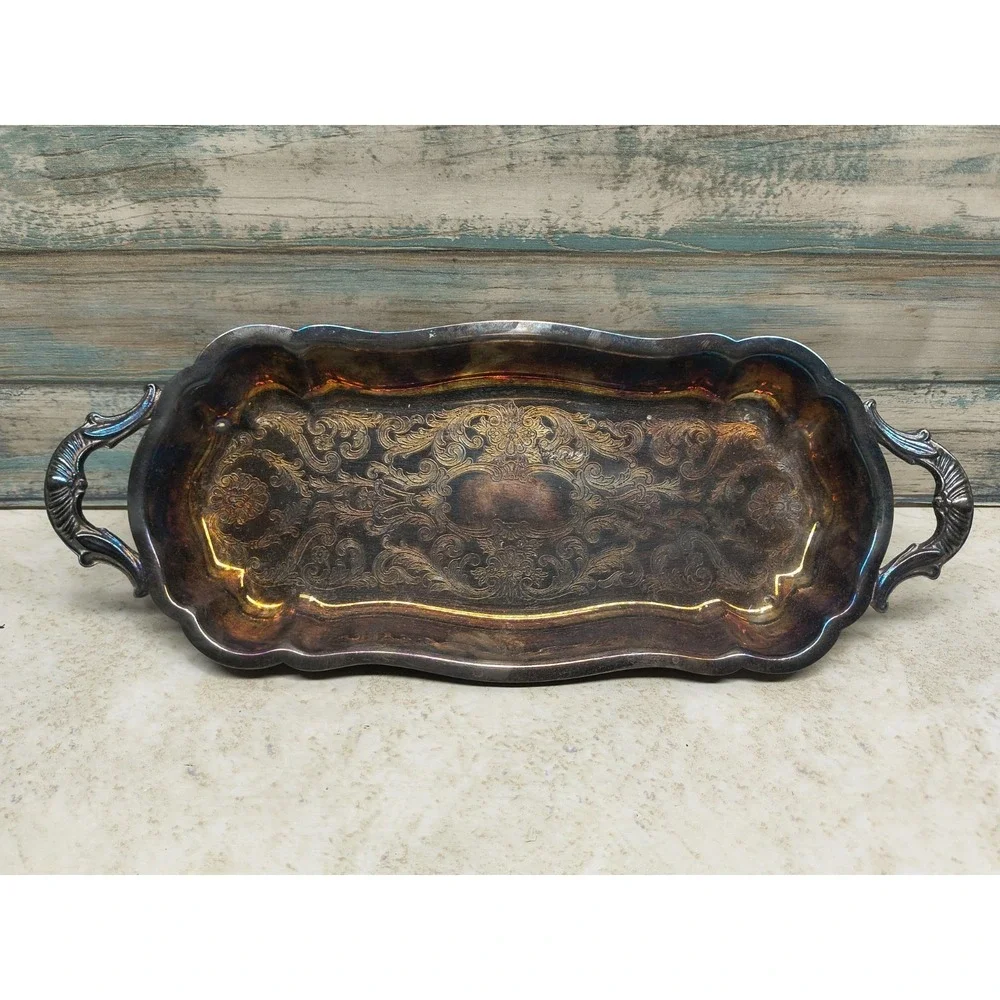 Antique‎ Leonard Serving Tray Footed Handles Silverplate Patina Aged Vintage